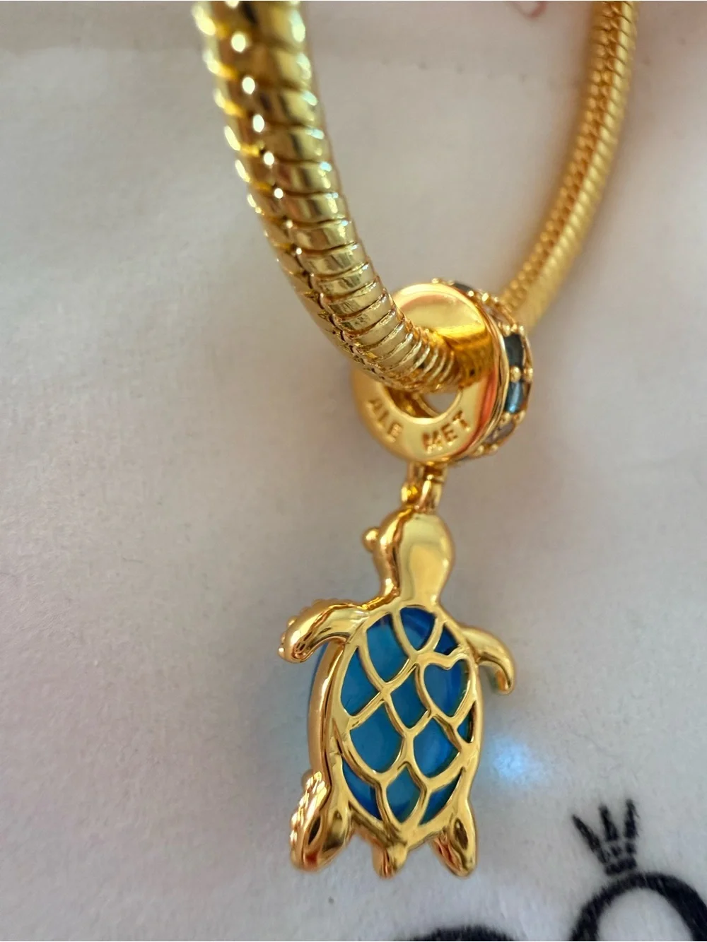 Pandora Gold Turtle Charm with Teal Stones